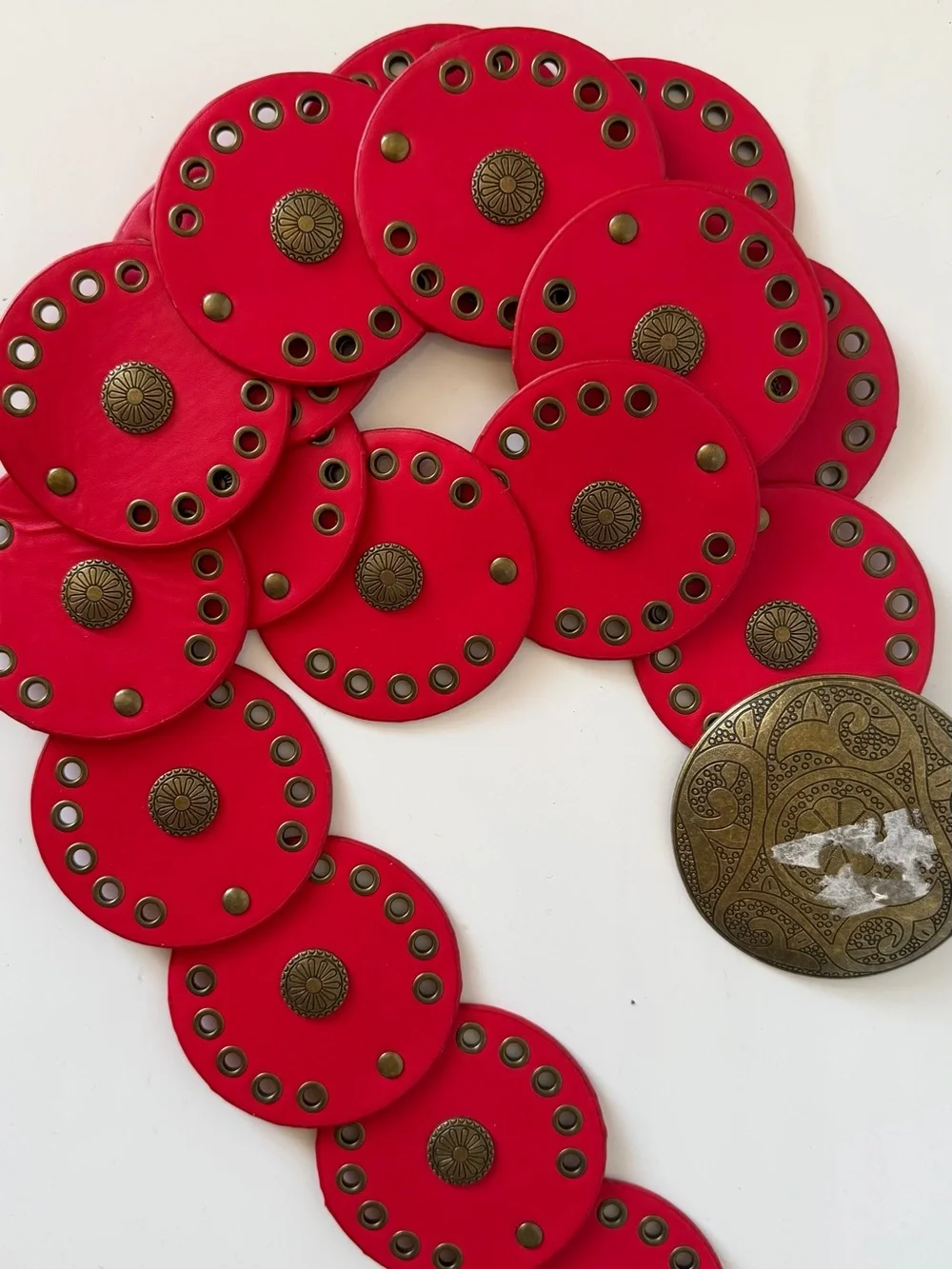 Red Boho Statement Disc Belt with Antique Gold-Tone Buckle